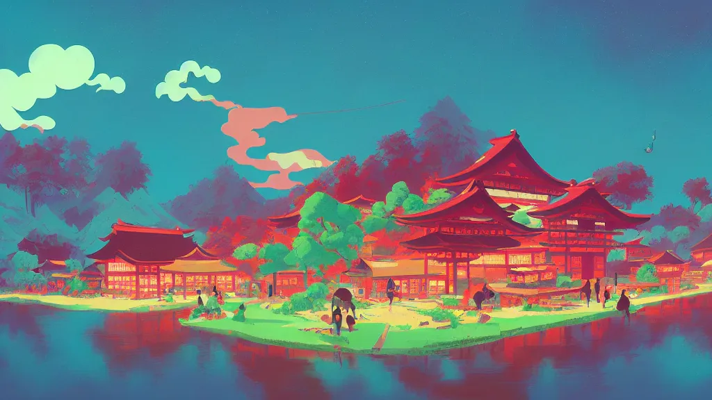 Prompt: japanese village, fruit market, trees, and lake, by anton fadeev