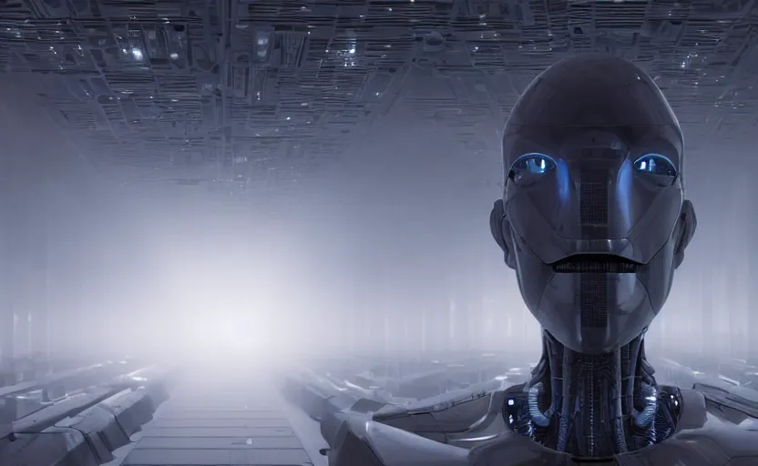 Image similar to extremely detailed cinematic movie still 3 0 7 7 foggy portrait shot of a robot in an endless data centre by denis villeneuve, wayne barlowe, simon birch, marc simonetti, philippe druillet, beeple, bright volumetric sunlight from small windows, rich moody colors, closeup