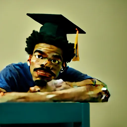 Image similar to a cinematic film still of a claymation stop motion film starring chance the rapper as a college student, shallow depth of field, 8 0 mm, f 1. 8