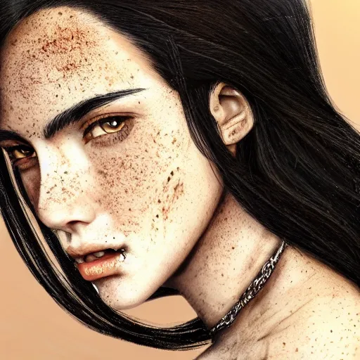 Image similar to pretty black haired woman, with freckles on face, suntanned skin, dark brown middle eastern eyes narrowed, scar on left side of neck, wearing black armor, digital art, hyperdetailed, hyperrealistic, 4 k, 8 k