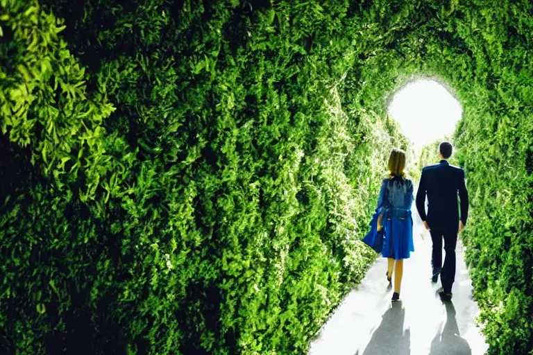 Prompt: a cinematic wideangle photograph of a man and woman walking through a walkway, green plants, blue sky, beautiful lighting, ultra realistic, movie still