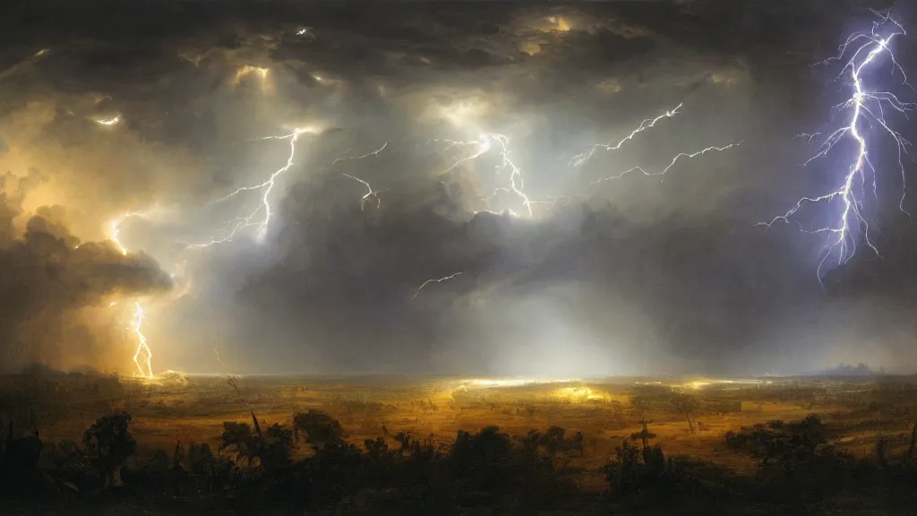 Prompt: battle for earth, lightning, storms, volumetric lightning by eugene von guerard, ivan shishkin, dramatic lighting, concept art, trending on artstation, 8 k