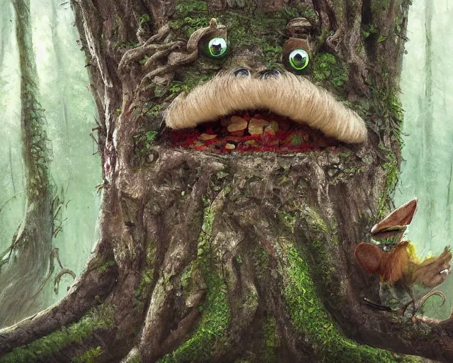 Image similar to a talking tree, a smiling face in the bark, bushy moustache, big eyes, nose, fantasy concept art, oil painting, hyperrealistic, highly detailed, artstation, cgsociety, in the forest