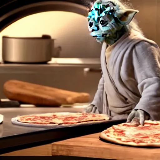Image similar to A still of Yoda making a pizza in Masterchef, 4k, photograph, ultra realistic, highly detailed, professional lighting
