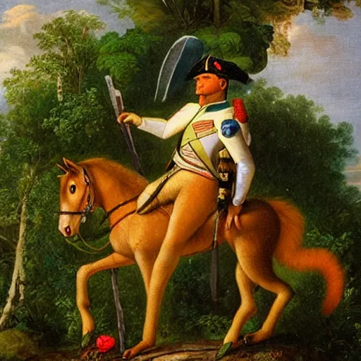 Image similar to a giant squirrel carrying napoleon bonaparte on its back, beach scene with flowers and foliage, detailed oil painting