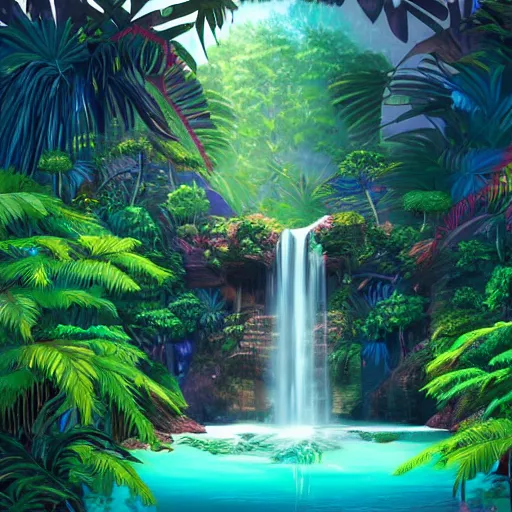 Image similar to A big palace in a tropical forest with waterfalls, retrowave art,digital art trending on art station