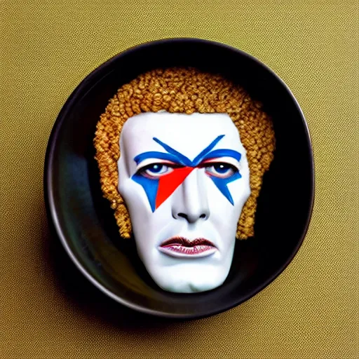 Prompt: a cereal bowl in a shape of bowie face, space oddity,