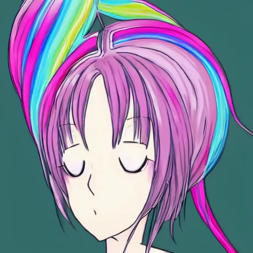 Prompt: anime drawing of a young woman of middling height with a light complexion, hair reaches near her mid-back and forms rounded locks mainly blue in coloration, but with thin, pink-colored streaks running through, one white streak of hair over her left eye, blunt bangs fall on her forehead, split near the left, and an ahoge stands up on her head, has horns: a sharp, upward-curving pair emerging from the sides of her head, white in color, that resembles a bull\'s, eyes are large, round, fringed by long lashes, and encompass violet irises, lower face up to the nose is covered by a pink face mask with a scalloped edge, trimmed with a white stripe, wearing a long-sleeved minidress that is white and pleated above the waist, with a blue bow below a point collar, the dress\'s lower, light-blue, and non-pleated section, with a button placket in the middle, ends in a short skirt part that has a slightly ruffled hem, leaving most of Ulti\'s legs visible. Fastened on her shoulders is a darker-blue cape trimmed with light-blue fur on its edges with blue insides, which goes near the ground, and her footwear is red high heels