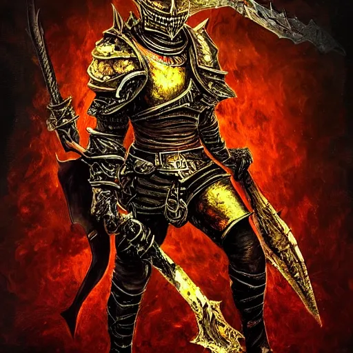 Prompt: three - ply portrait the great death knight dark souls in golden red armor made of polished dragon bones looks relaxed, quantum physics, victorian era