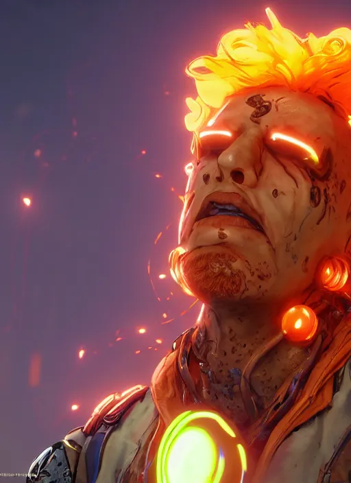 Image similar to glowwave portrait of curly orange hair man from borderlands 3, au naturel, hyper detailed, digital art, trending in artstation, cinematic lighting, studio quality, smooth render, unreal engine 5 rendered, octane rendered, art style by klimt and nixeu and ian sprigger and wlop and krenz cushart.