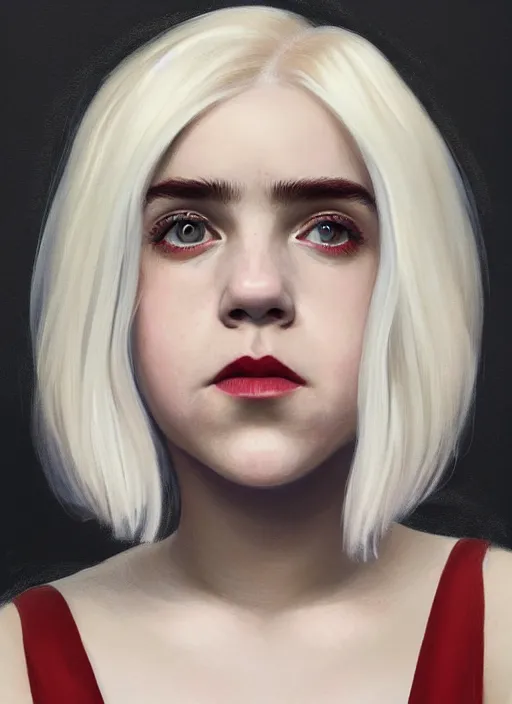 Image similar to full body portrait, kiernan shipka as sabrina spellman, white hair, obese, bangs, sultry, realistic, sultry smirk, fluffy bangs, freckles, fat, belly, intricate, elegant, highly detailed, digital painting, artstation, concept art, smooth, sharp focus, illustration, art by wlop, mars ravelo and greg rutkowski