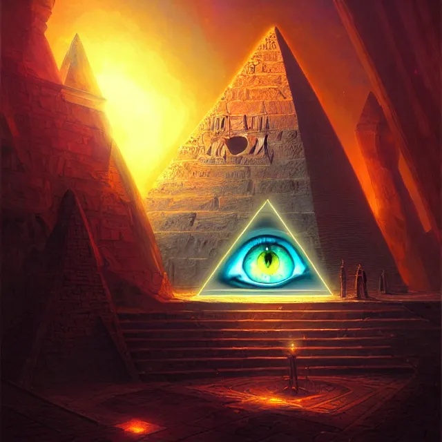 Image similar to the illuminati eye opening up from an orb above a pyramid, atmospheric lighting, intricate, volumetric lighting, beautiful, sharp focus, ultra detailed, in the art style of marc simonetti, bowater charlie and brom gerald, astrophotography