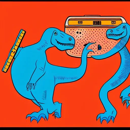 Image similar to memphis design, retro, 90s, detailed illustration, dinosaur samurai with a boombox