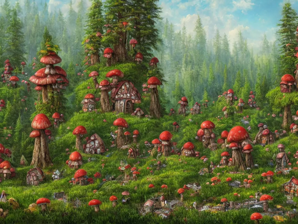 Prompt: A beautiful painting of a pine forest with a toadstool village, houses in the shape of mushrooms, whimsical cottagecore cabins, Digital Art by James Christensen, Trending on artstation