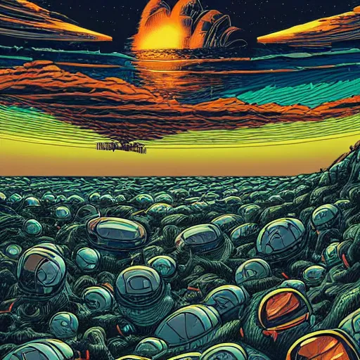 Prompt: a wide - angle scene of an alien invasion where the sea meets the land and spaceships are descending. humans defend the earth, while aliens try to take over. the sky is black and explosions litter the shoreline. by dan mumford.