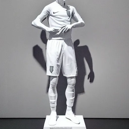 Image similar to “ a realistic detailed photo of a guy who is an attractive humanoid who is half robot and half humanoid, who is a male android, soccer player antoine griezmann, shiny skin, posing like a statue, blank stare, at the museum, on display ”