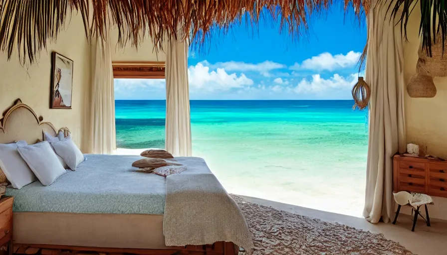 Image similar to A vintage magazine architecture photo of a bedroom in san pedro belize, Mediterranean architecture, refracted lines and sparkles, beach and tropical vegetation on the background, hyperrealistic 8k uhd, award-winning,