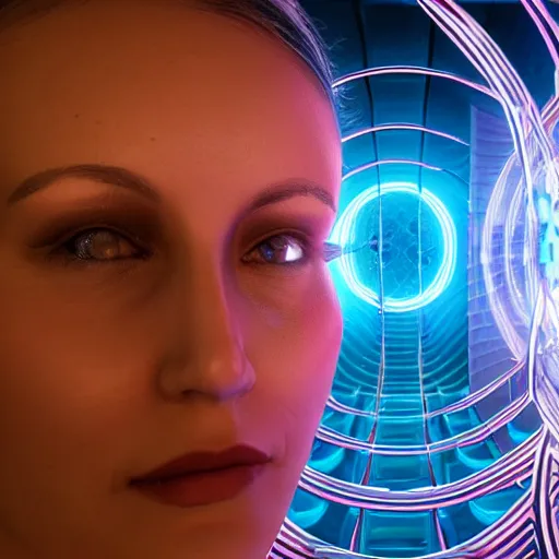 Image similar to chromatic cyborg female discovering her own consciousness in a mirror maze (Unreal Engine, 3D, Reflections, Glossy, Hyer-Realistic, Futuristic, Noise, Gradient)