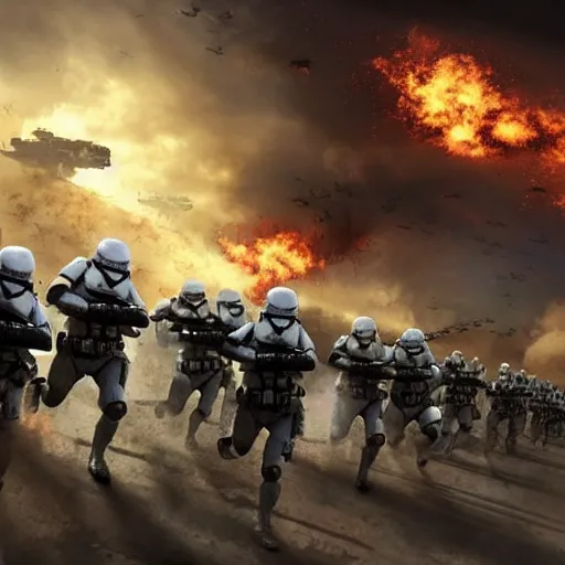 Image similar to hyper realism, realistic apocalyptic war scene, explosions, science - fiction soldiers running with armour like stormtroopers in the middle of explosions and bullets, view from far away,