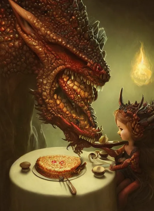 Image similar to highly detailed closeup portrait of a fairytale dragon eating cakes, unreal engine, nicoletta ceccoli, mark ryden, earl norem, lostfish, hyung tae, frank frazetta, global illumination, detailed and intricate environment