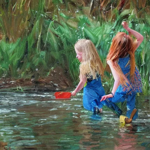 Image similar to two slavic girls splashing in the riverbank, enviroment painting,