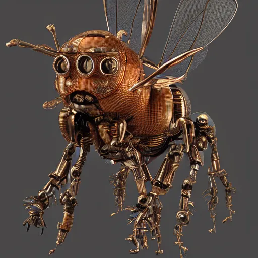 Image similar to A crisp 3d render of a robot Bee made of circuits wide view shot by ellen jewett , tomasz alen kopera and Justin Gerard symmetrical features, ominous, magical realism, texture, intricate, ornate, royally decorated, body format,windows, many doors, roofs, complete house , whirling smoke, embers, red adornements, red torn fabric, radiant colors, fantasy, trending on artstation, volumetric lighting, micro details, 3d sculpture, ray tracing, 8k