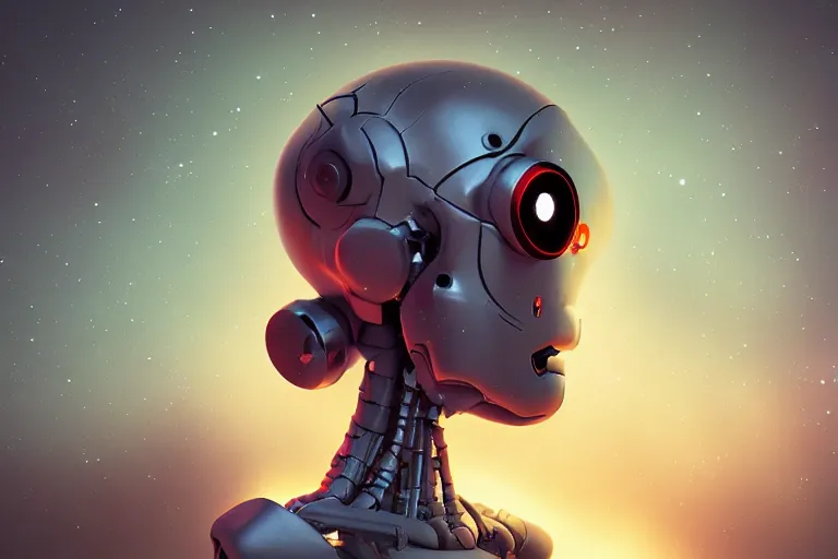 Prompt: a evil robot with a brain at night with fireflies, backlighting, trending on artstation, night lighting, cgi, bokeh, dreamy