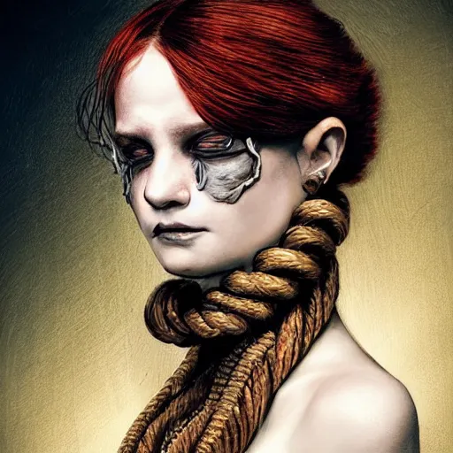 Image similar to portrait of a Shibari rope wrapped face and neck, headshot, insanely nice professional hair style, dramatic hair color, digital painting, of a old 18th century, tourist, wrap around eye patch, amber jewels, baroque, ornate clothing, scifi, realistic, hyper detailed, child, chiaroscuro, concept art, art by Franz Hals and Jon Foster and Ayami Kojima and Amano and Karol Bak,