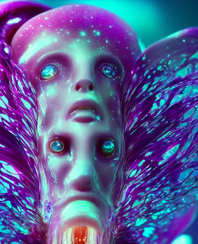 Image similar to goddess close-up portrait. dichroic orchid jellyfish phoenix head, nautilus, skull, betta fish, bioluminiscent creatures, intricate artwork by Tooth Wu and wlop and beeple. octane render, trending on artstation, greg rutkowski very coherent symmetrical artwork. cinematic, hyper realism, high detail, octane render, 8k