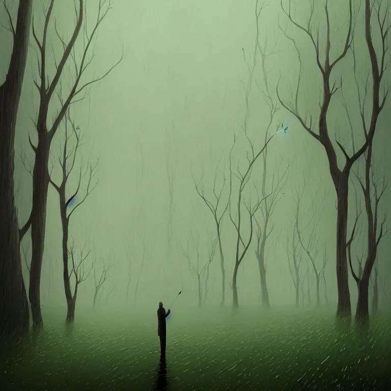 Image similar to Gediminas Pranckevicius painting of a person standing in the rain surrounded by trees, a digital rendering by Eyvind Earle, deviantart, digital art, matte drawing, deviantart, soft mist