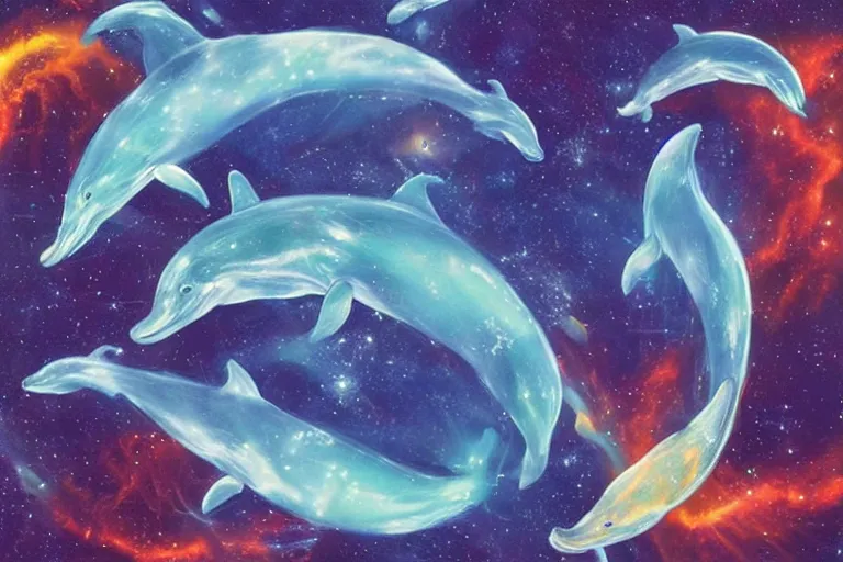 Image similar to a group of cosmic dolphins jumping out of a cosmic ocean in space