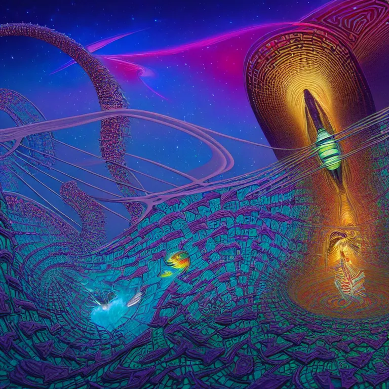 Prompt: an expansive octane redshift rendering of beautiful and complex interwoven fireflies at the rift in the timespace continuum portal fractal quantum by dan mumford, ombre, by jim fitzpatrick, by joe wilson, by jim burns, by victo ngai, by jacek yerka, featured on deviant art, trending on artstation