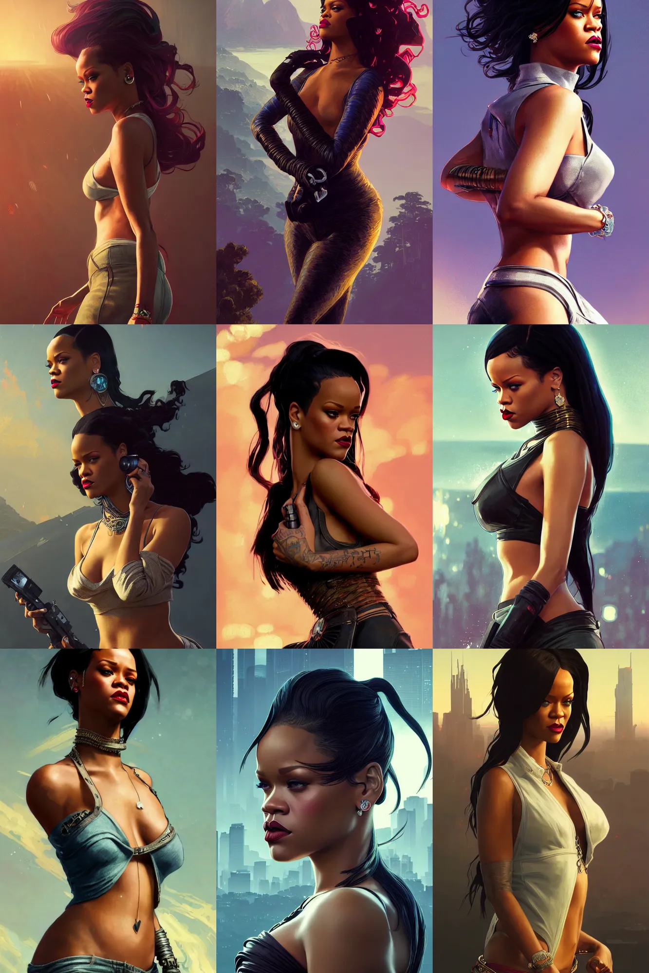 Prompt: gta 5 rihanna profile picture by greg rutkowski, dynamic pose, intricate, futuristic, fantasy, elegant, by stanley artgerm lau, greg rutkowski, thomas kindkade, alphonse mucha, loish, norman rockwell, fantasy lut, asymmetric, long hair, retro computer graphics, video game, fluid lines,