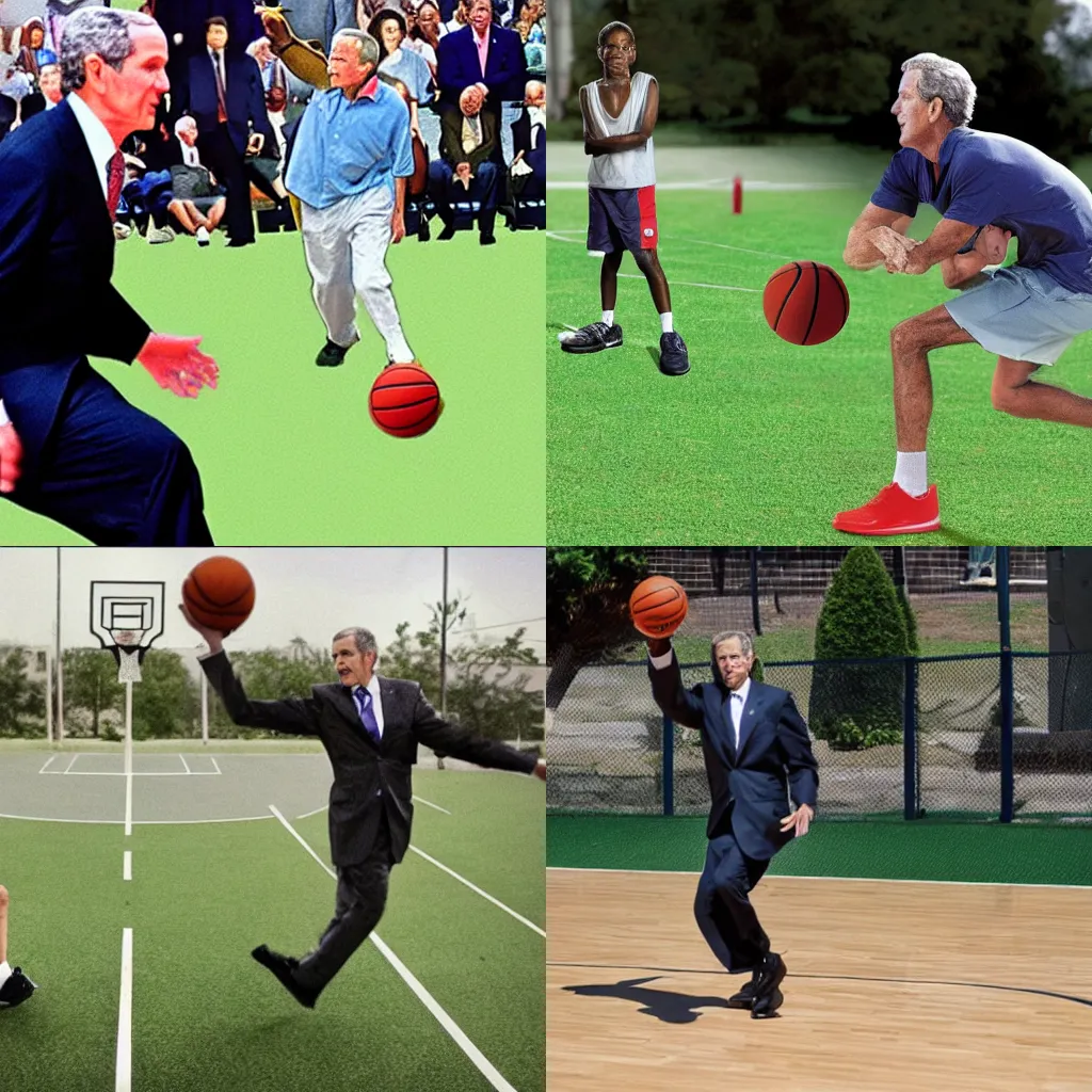 Prompt: photo of frog playing full court basketball, confused george w bush watching in the background