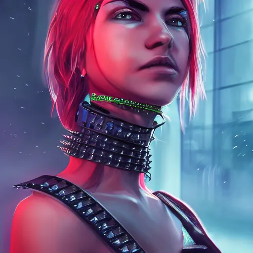 Image similar to female character cyberpunk wearing spiked collar around neck, realistic, art, beautiful, 4K, collar, punk, artstation, detailed,