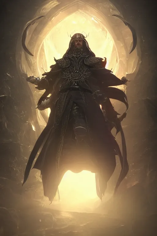 Image similar to an ultra detailed 3 d render of the sorcerer saladin as an elden ring boss, epic anime fantasy, 8 k, in the style of a fantasy metal album cover, volumetric lighting, smooth, highly detailed, digital illustration, octane render, art by jeong seon and greg rutkowsi, artstation