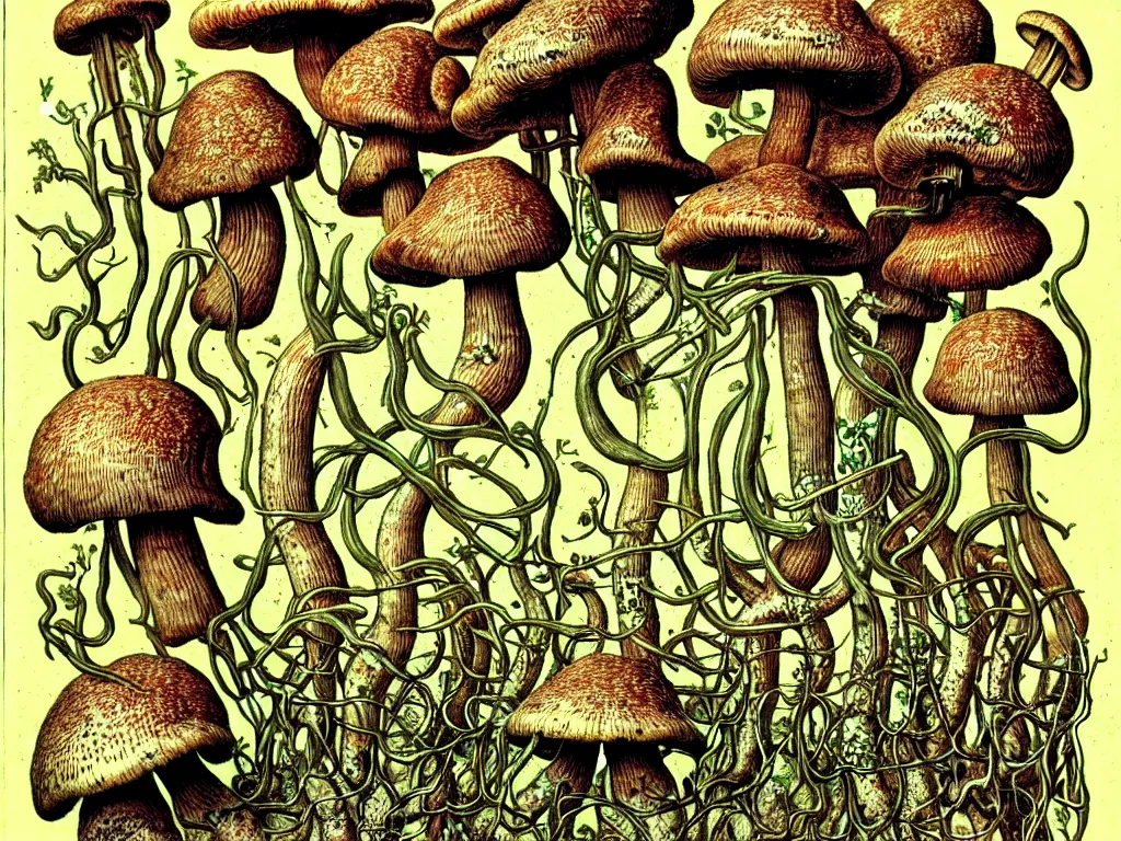 Image similar to human eating yourself with mushrooms, neo surrealism, art by ernst haeckel