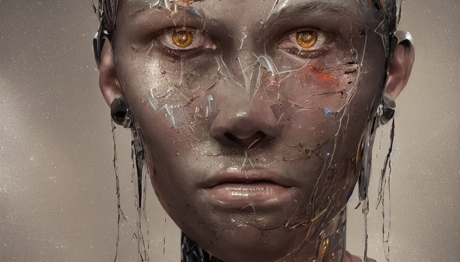 Image similar to hyperrealistic mixed media portrait of humanoid roboter forward angle, stunning 3d render inspired art by P. Craig Russell + perfect facial symmetry + dim volumetric lighting, 8k octane beautifully detailed render, post-processing, extremely hyperdetailed, intricate complexity, epic composition, grim yet sparkling atmosphere, cinematic lighting + masterpiece, trending on artstation