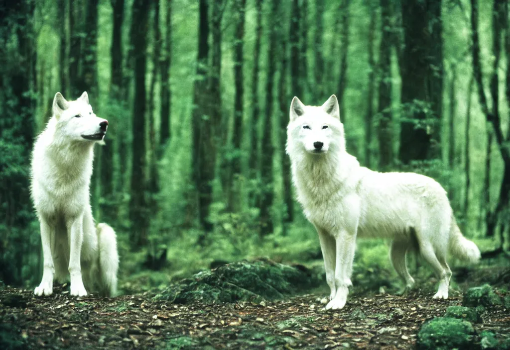 Image similar to lomo photo of a white wolf in a dense forest, cinestill, bokeh, out of focus