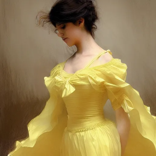 Prompt: a woman in a yellow organza dress dancing, intricate, elegant, realistic, smooth, sharp focus, rim light, illustration, by ruan jia and mandy jurgens and william - adolphe bouguereau, artgerm