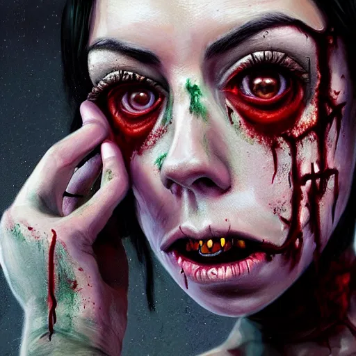 Prompt: color head portrait of aubrey plaza as a really cute zombie, 7 days to die zombie, gritty background, fine art, award winning, intricate, elegant, sharp focus, cinematic lighting, digital painting, 8 k concept art, art by michael hussar, art by brom, art by guweiz and z. w. gu, 8 k