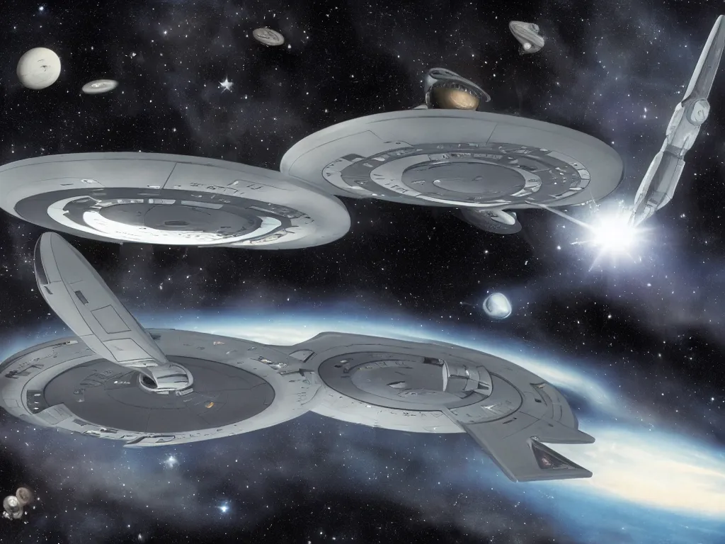 Image similar to Star Trek`s original Enterprise spaceship flying in a starry outer space