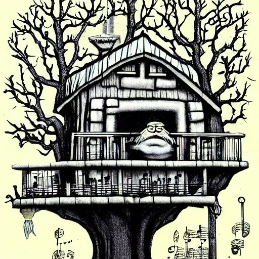 Image similar to old man white beard playing a synthesizer in a tree house, notes and clefs listening, lowbrow surrealistic, in the style of mark ryden,