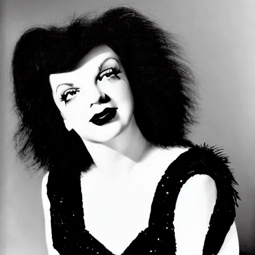 Image similar to photographic portrait of a hybrid of judy garland and cher aged 2 6, with a dark fringe, 8 k