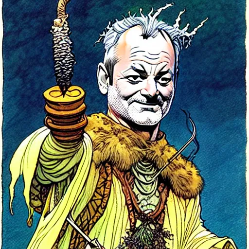 Image similar to a high fantasy portrait of bill murray as a mystical druidic warrior wizard giving the camera the finger by rebecca guay, michael kaluta, charles vess and jean moebius giraud