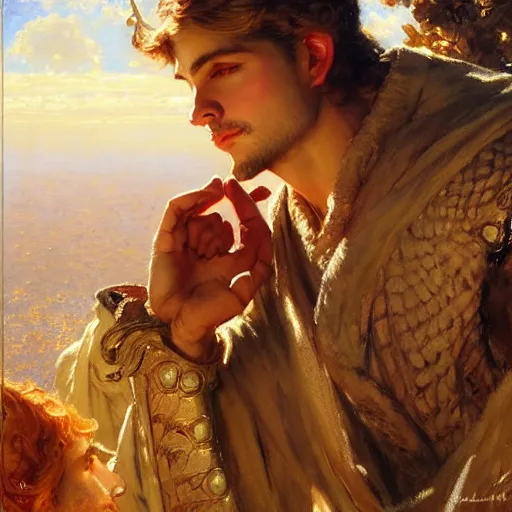 Image similar to attractive fully clothed king confesses his love for his attractive fully clothed male prince. highly detailed painting by gaston bussiere, craig mullins, j. c. leyendecker 8 k