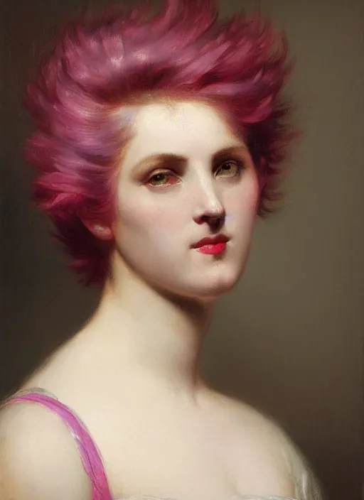 Image similar to a detailed portrait of woman with a mohawk by edouard bisson, pink hair, punk rock, oil painting, muted colours, soft lighting