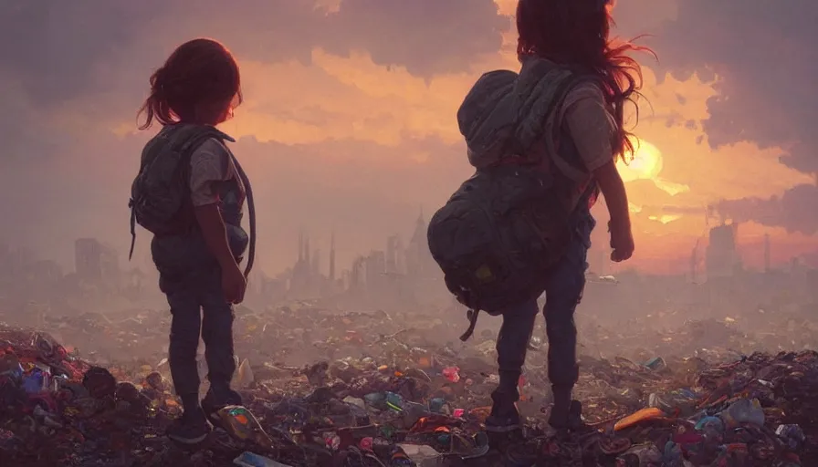 Image similar to poor detailed child with backpack looking for food at garbage dump, city is pure wasteland, moody sunset in background, greg rutkowski, alphonse mucha, trending on artstation, artgerm, unreal engine, breathtaking, award winning, highly detailed