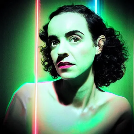 Prompt: “annie clark (st vincent), beautiful digital art portrait in neon”