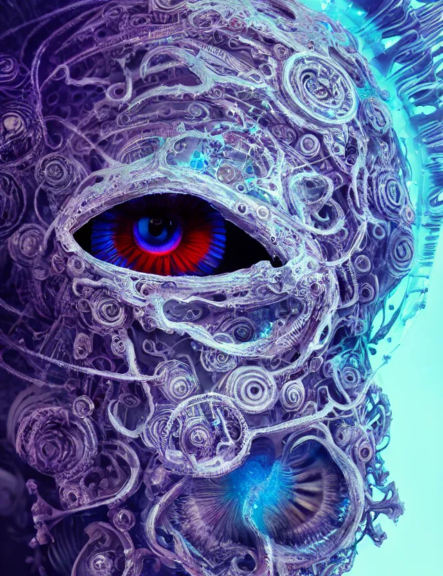 Image similar to eye of god macro close - up portrait with mask made of ram skull. betta fish, jellyfish phoenix, plasma, ice, water, wind, creature, super intricate ornaments artwork by tooth wu and wlop and beeple and greg rutkowski